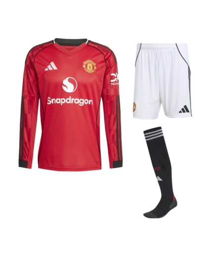 Long Sleeve Manchester United Home 2025–2026 Full Kit with Shorts + Socks