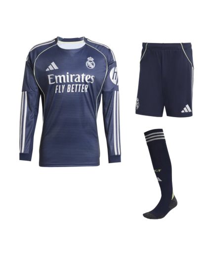 Long Sleeve Real Madrid Away 2025–2026 Full Kit with Shorts + Socks